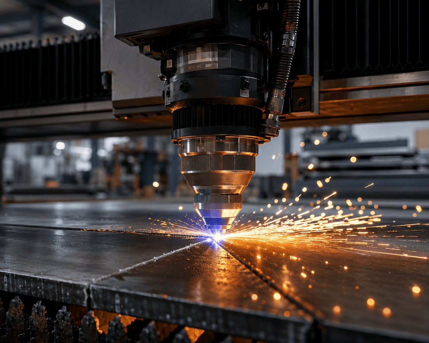 CNC cutting table mid-cut on a steel sheet