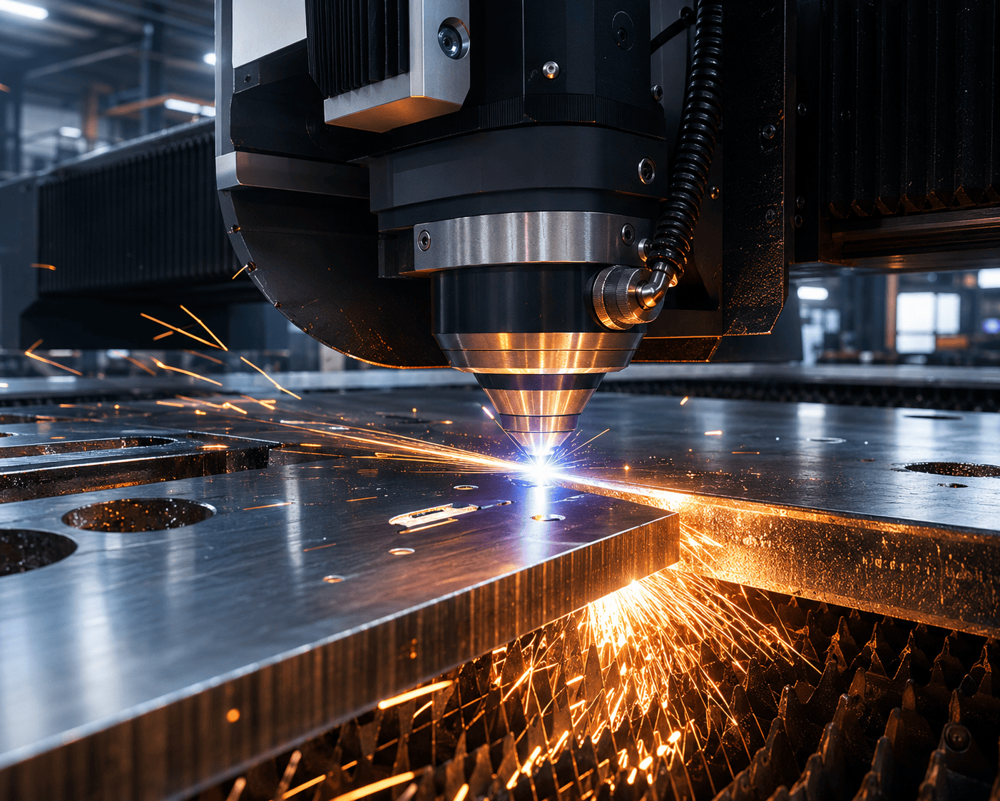 Laser cutter in action with sparks